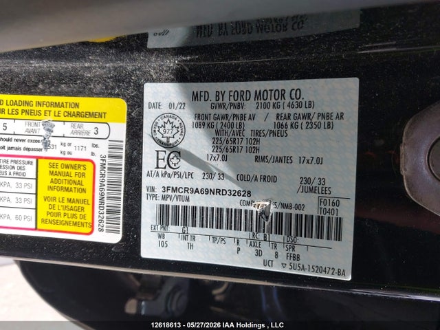 2022 Ford Bronco Sport მანქანა იყიდება აუქციონზე, vin: 3FMCR9A69NRD32628, აუქციონის ნომერი: 12618613