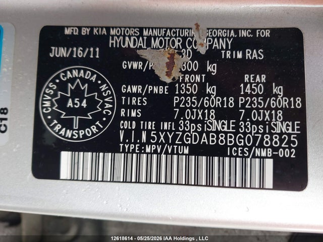 2011 Hyundai Santa Fe Gl 2.4 Premium მანქანა იყიდება აუქციონზე, vin: 5XYZGDAB8BG078825, აუქციონის ნომერი: 12618614