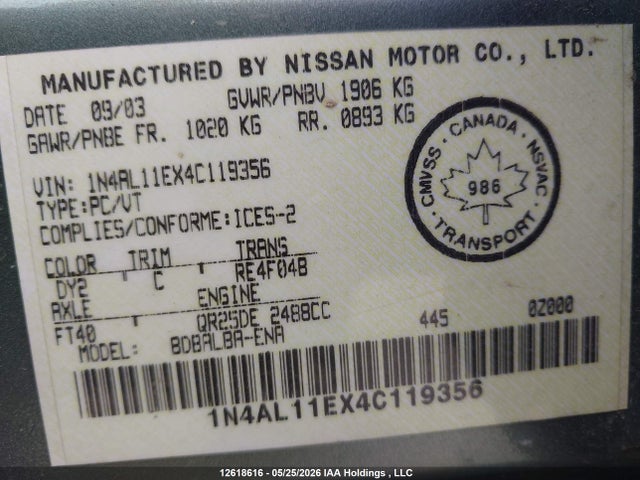 Aukcja sprzedaży 2004 Nissan Altima S/sl, vin: 1N4AL11EX4C119356, numer aukcji: 12618616