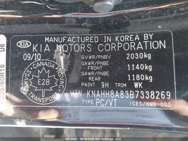 Auction sale of the 2011 Kia Rondo, vin: KNAHH8A83B7338269, lot number: 12618622
