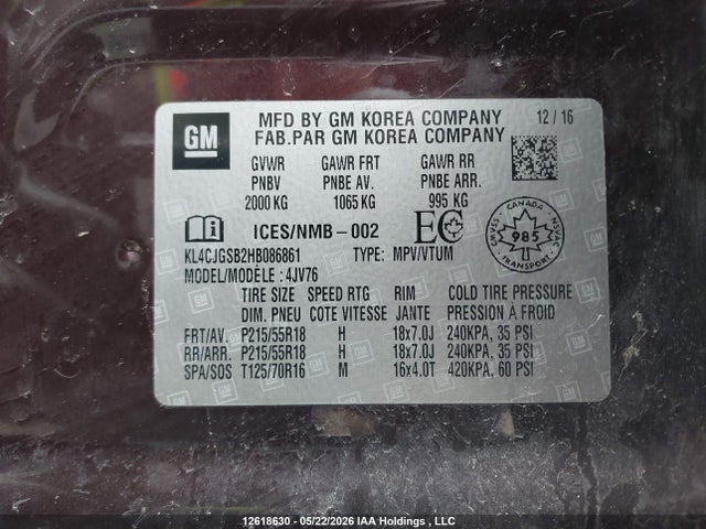 12618630 :رقم المزاد ، KL4CJGSB2HB086861 vin ، 2017 Buick Encore Essence مزاد بيع