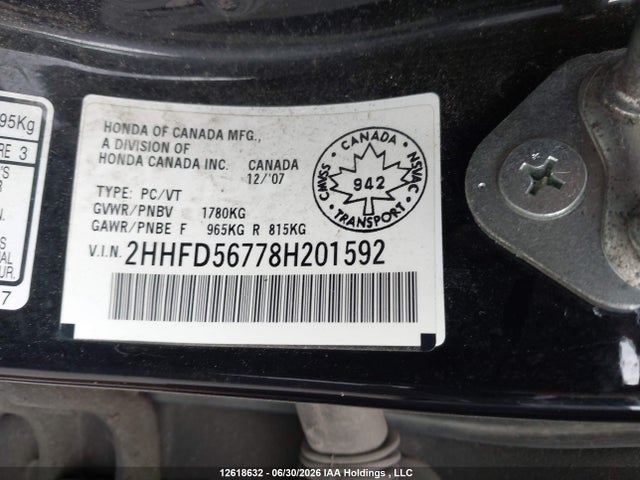 Auction sale of the 2008 Acura Csx Technology Package, vin: 2HHFD56778H201592, lot number: 12618632