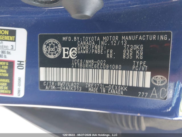 12618633 :رقم المزاد ، 2T1BURHE6EC091080 vin ، 2014 Toyota Corolla مزاد بيع
