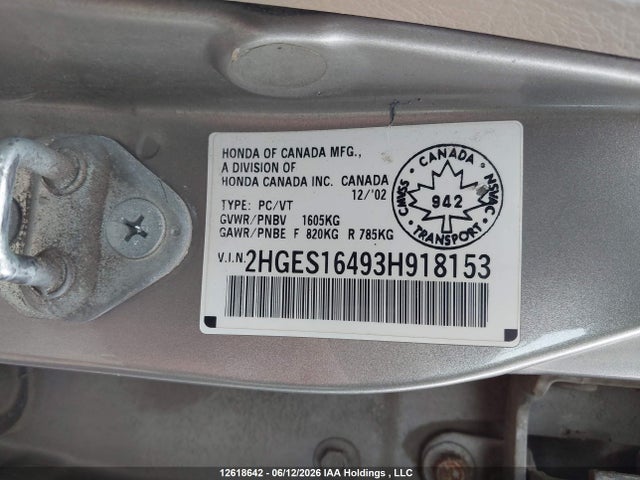 12618642 :رقم المزاد ، 2HGES16493H918153 vin ، 2003 Honda Civic Dx-g مزاد بيع