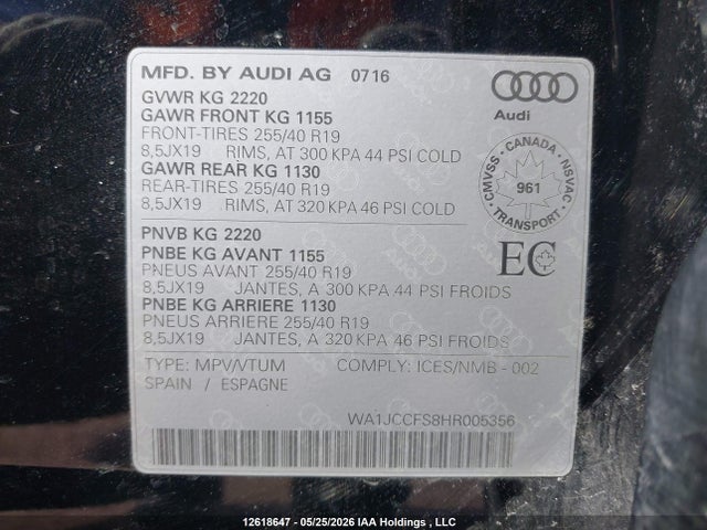 Продаж на аукціоні авто 2017 Audi Q3, vin: WA1JCCFS8HR005356, номер лоту: 12618647