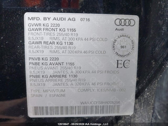 Продаж на аукціоні авто 2017 Audi Q3, vin: WA1JCCFS8HR005356, номер лоту: 12618647