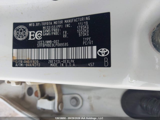 Aukcja sprzedaży 2020 Toyota Corolla Le, vin: 5YFBPRBE0LP089595, numer aukcji: 12618650