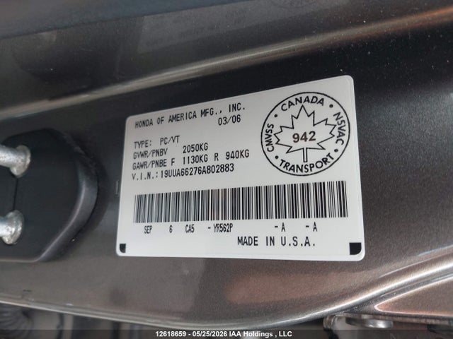 Продажа на аукционе авто 2006 Acura 3.2tl, vin: 19UUA66276A802883, номер лота: 12618659