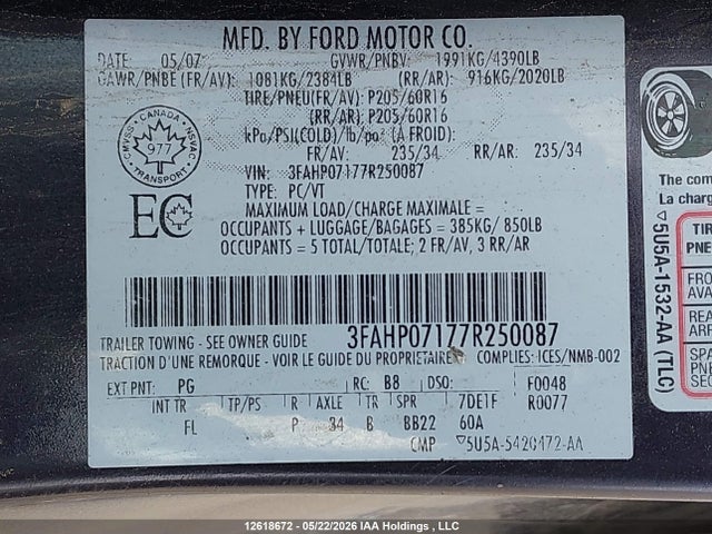 12618672 :رقم المزاد ، 3FAHP07177R250087 vin ، 2007 Ford Fusion Se مزاد بيع