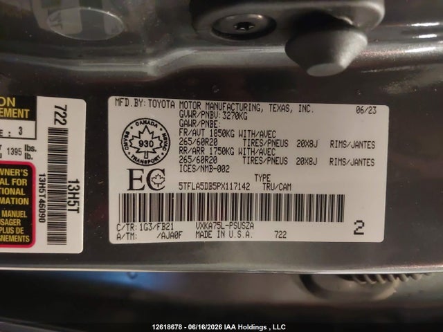 Aukcja sprzedaży 2023 Toyota Tundra Crewmax Sr/crewmax Sr5, vin: 5TFLA5DB5PX117142, numer aukcji: 12618678