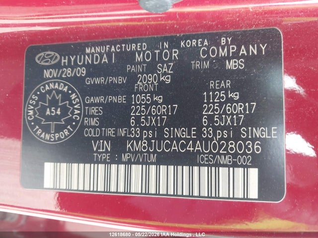 12618680 :رقم المزاد ، KM8JUCAC4AU028036 vin ، 2010 Hyundai Tucson Gls مزاد بيع