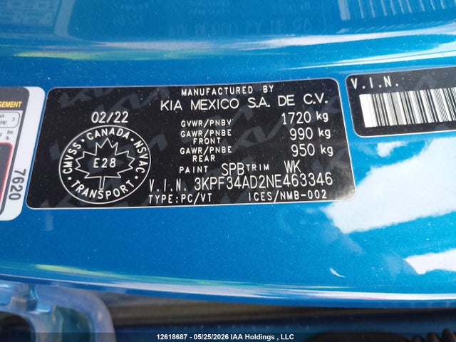 Aukcja sprzedaży 2022 Kia Forte Ex/ex Premium/ex+/gt-line, vin: 3KPF34AD2NE463346, numer aukcji: 12618687
