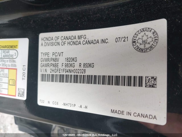2HGFE1F94NH002328 Honda Civic Touring