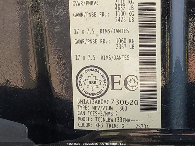 12618692 :رقم المزاد ، 5N1AT3AB0MC730620 vin ، 2021 Nissan Rogue S مزاد بيع