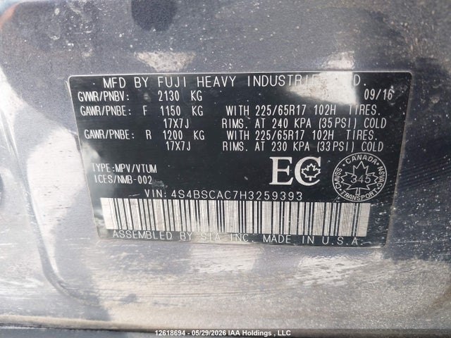 Aukcja sprzedaży 2017 Subaru Outback 2.5i, vin: 4S4BSCAC7H3259393, numer aukcji: 12618694