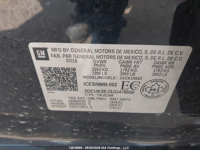 12618695 :رقم المزاد ، 3GCUKSEJ3JG478550 vin ، 2018 Chevrolet Silverado 1500 2lz مزاد بيع