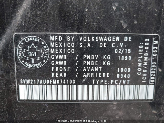 Продажа на аукционе авто 2015 Volkswagen Golf, vin: 3VW217AU0FM074103, номер лота: 12618699