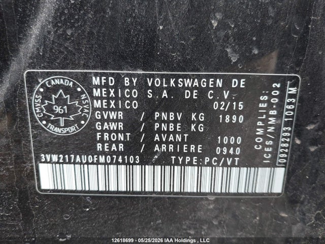 Продажа на аукционе авто 2015 Volkswagen Golf, vin: 3VW217AU0FM074103, номер лота: 12618699