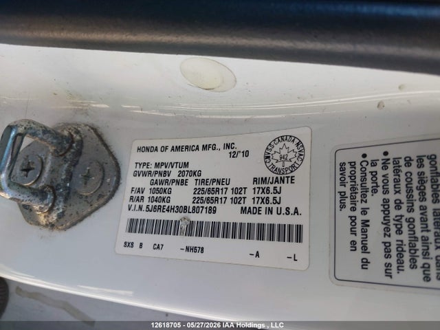 12618705 :رقم المزاد ، 5J6RE4H30BL807189 vin ، 2011 Honda Cr-v Lx مزاد بيع