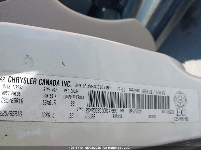 2012 Dodge Grand Caravan Se მანქანა იყიდება აუქციონზე, vin: 2C4RDGBG1CR147999, აუქციონის ნომერი: 12618710