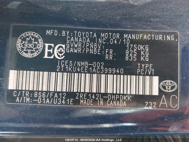 12618712 :رقم المزاد ، 2T1KU4EE1AC399940 vin ، 2010 Toyota Matrix مزاد بيع