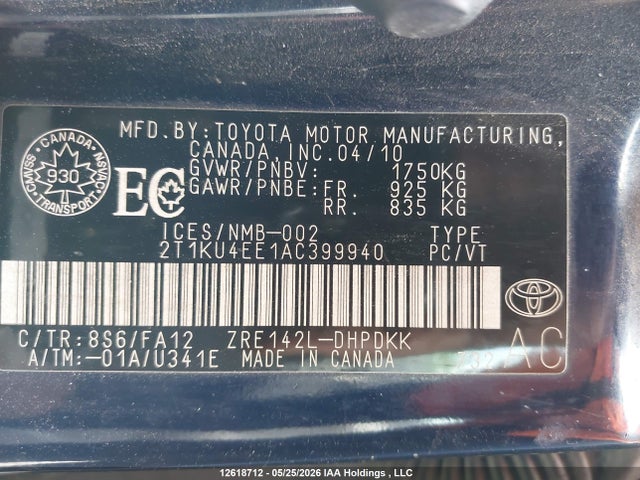 12618712 :رقم المزاد ، 2T1KU4EE1AC399940 vin ، 2010 Toyota Matrix مزاد بيع
