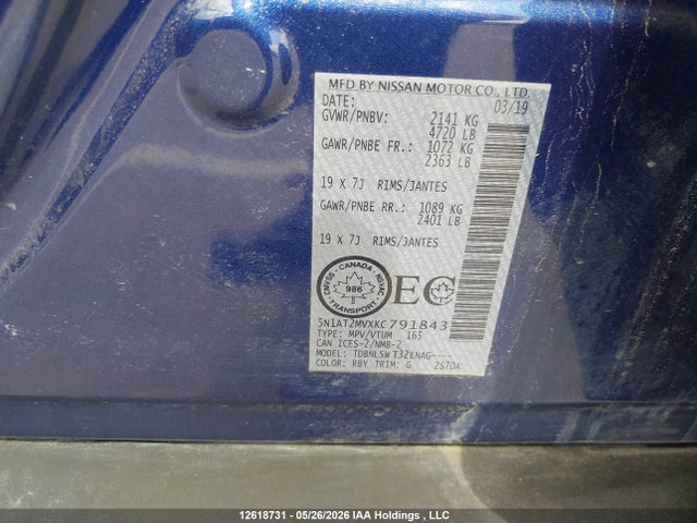 Продаж на аукціоні авто 2019 Nissan Rogue S/sl/sv, vin: 5N1AT2MVXKC791843, номер лоту: 12618731
