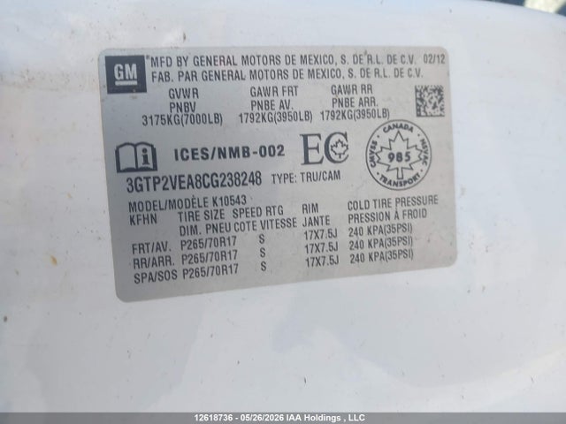 Продаж на аукціоні авто 2012 Gmc Sierra K1500 Sle, vin: 3GTP2VEA8CG238248, номер лоту: 12618736