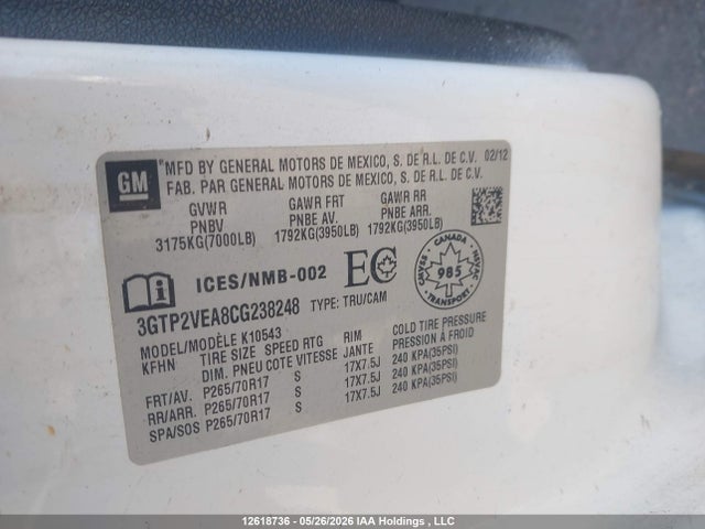 Продаж на аукціоні авто 2012 Gmc Sierra K1500 Sle, vin: 3GTP2VEA8CG238248, номер лоту: 12618736