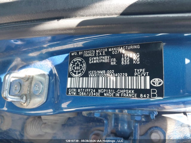 12618739 :رقم المزاد ، VNKKTUD32FA040229 vin ، 2015 Toyota Yaris مزاد بيع