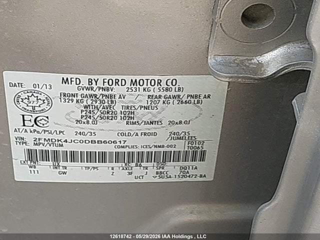 2013 Ford Edge Sel მანქანა იყიდება აუქციონზე, vin: 2FMDK4JC0DBB60617, აუქციონის ნომერი: 12618742