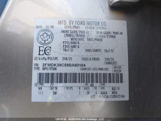 Продажа на аукционе авто 2008 Ford Edge Limited, vin: 2FMDK39C58BA80184, номер лота: 12618745