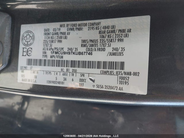 1FMCU9H97KUB67746 Ford ESCAPE SEL