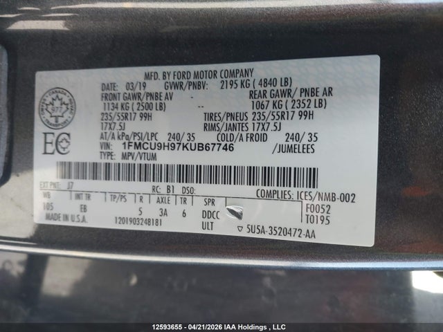 1FMCU9H97KUB67746 Ford ESCAPE SEL