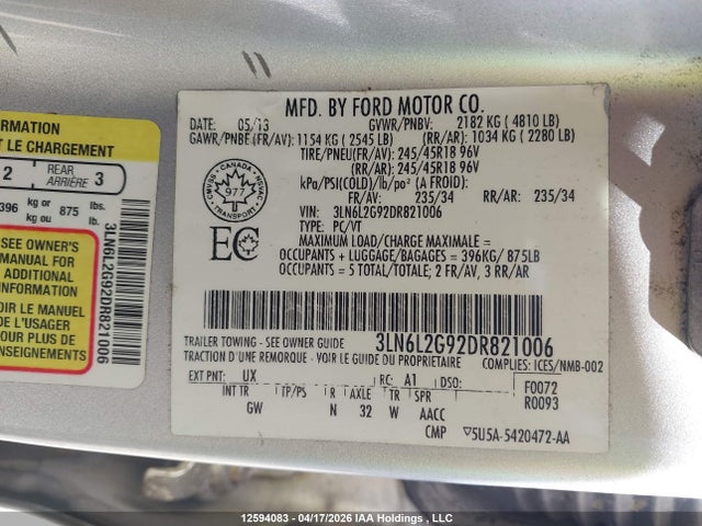 12594083 :رقم المزاد ، 3LN6L2G92DR821006 vin ، 2013 Lincoln Mkz مزاد بيع