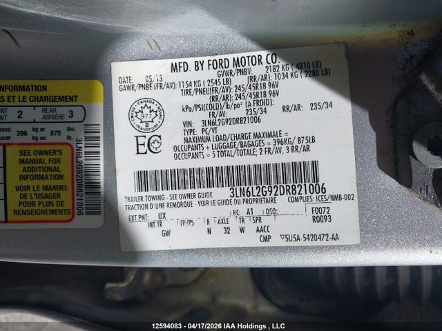 12594083 :رقم المزاد ، 3LN6L2G92DR821006 vin ، 2013 Lincoln Mkz مزاد بيع