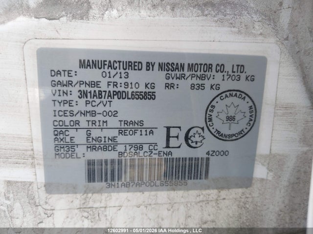 2013 Nissan Sentra 1.8 S/1.8 Sv მანქანა იყიდება აუქციონზე, vin: 3N1AB7AP0DL655855, აუქციონის ნომერი: 12602991