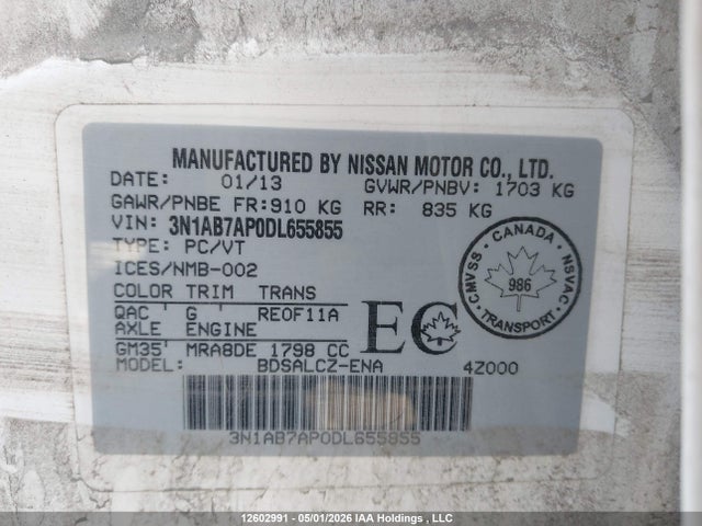 2013 Nissan Sentra 1.8 S/1.8 Sv მანქანა იყიდება აუქციონზე, vin: 3N1AB7AP0DL655855, აუქციონის ნომერი: 12602991
