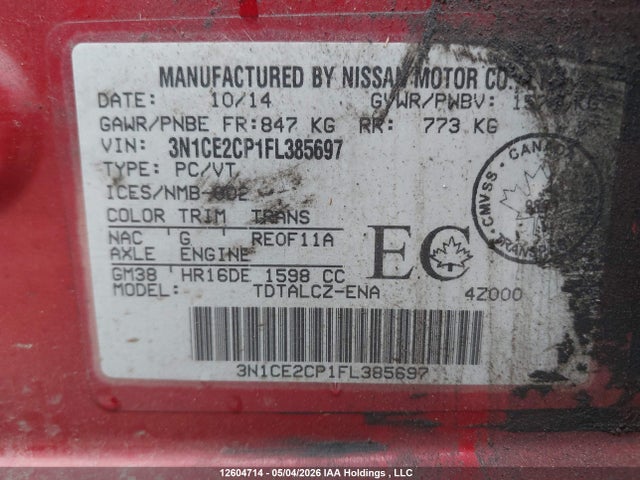 12604714 :رقم المزاد ، 3N1CE2CP1FL385697 vin ، 2015 Nissan Versa Note 1.6 S/1.6 Sl/1.6 Sr/1.6 Sv مزاد بيع