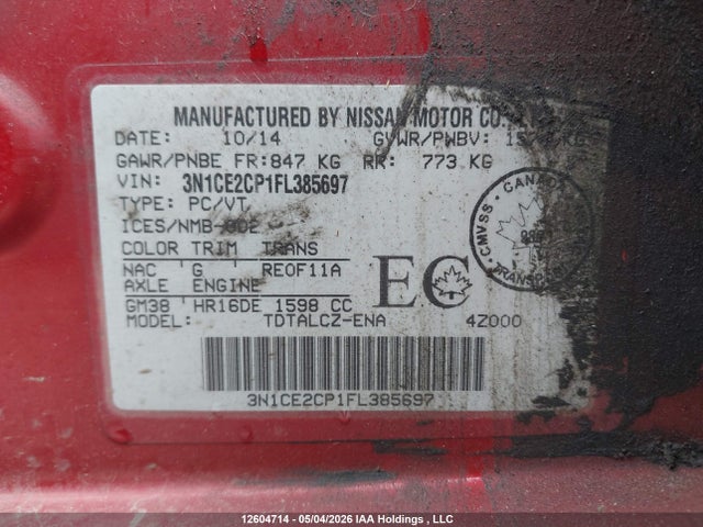 12604714 :رقم المزاد ، 3N1CE2CP1FL385697 vin ، 2015 Nissan Versa Note 1.6 S/1.6 Sl/1.6 Sr/1.6 Sv مزاد بيع