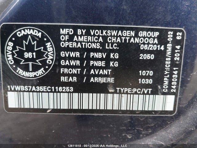 Aukcja sprzedaży 2014 Volkswagen Passat 1.8 Tsi Comfortline, vin: 1VWBS7A35EC116253, numer aukcji: 12611815