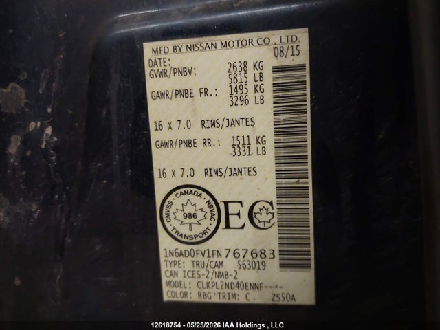 12618754 :رقم المزاد ، 1N6AD0FV1FN767683 vin ، 2015 Nissan Frontier Sv/sl مزاد بيع