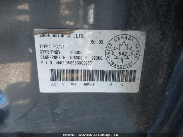 Aukcja sprzedaży 2005 Acura Tsx, vin: JH4CL95835C802957, numer aukcji: 12618758