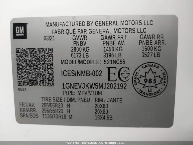 12618766 :رقم المزاد ، 1GNEVJKW5MJ202192 vin ، 2021 Chevrolet Traverse Rs مزاد بيع