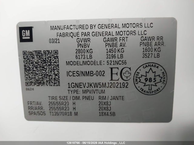 12618766 :رقم المزاد ، 1GNEVJKW5MJ202192 vin ، 2021 Chevrolet Traverse Rs مزاد بيع