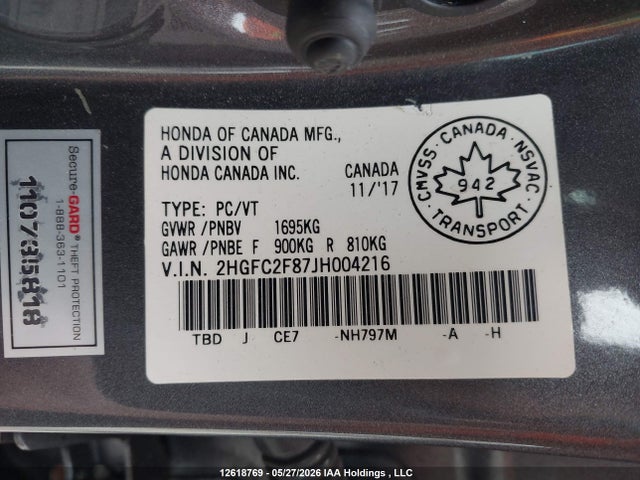 12618769 :رقم المزاد ، 2HGFC2F87JH004216 vin ، 2018 Honda Civic Ex 4dr مزاد بيع