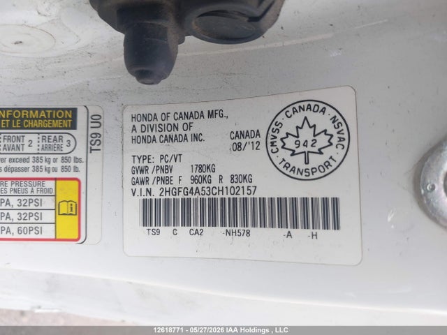12618771 :رقم المزاد ، 2HGFG4A53CH102157 vin ، 2012 Honda Civic Si Si مزاد بيع