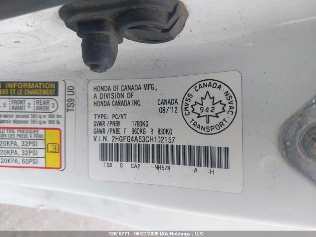12618771 :رقم المزاد ، 2HGFG4A53CH102157 vin ، 2012 Honda Civic Si Si مزاد بيع