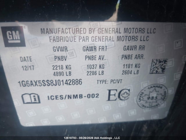 Продаж на аукціоні авто 2018 Cadillac Cts, vin: 1G6AX5SS8J0142886, номер лоту: 12618783
