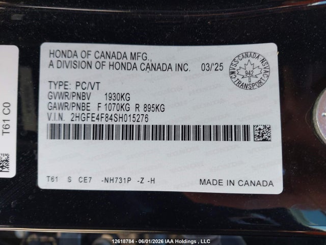 Продаж на аукціоні авто 2025 Honda Civic Sport Hybrid/sport Touring Hybrid, vin: 2HGFE4F84SH015276, номер лоту: 12618784